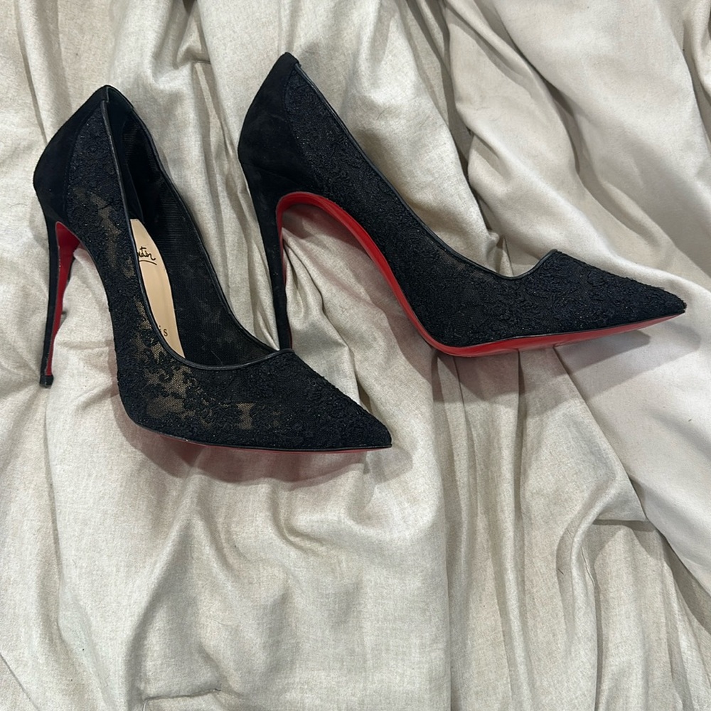 Christian Louboutin Black Lace Pointed-Toe Red Sole Pumps - Picture 2 of 11